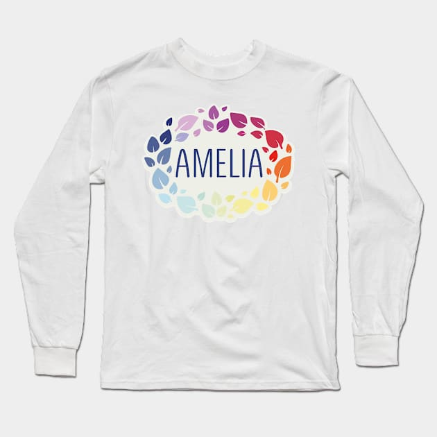 Amelia name with colorful leaves Long Sleeve T-Shirt by WildMeART